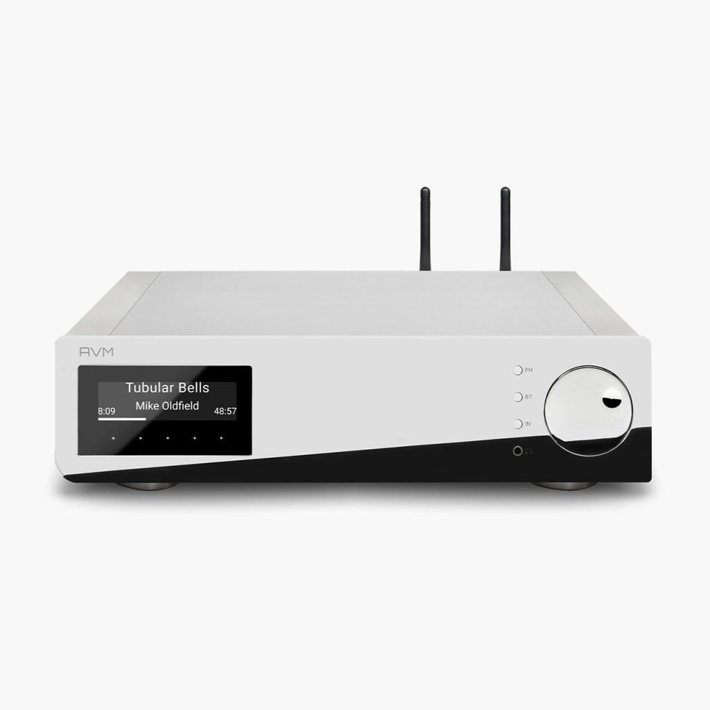 AVM Inspiration AS 2.3 Streaming-Vollverstärker Cellini Chrom Schrägansicht von vorn mit WLAN-Antennen