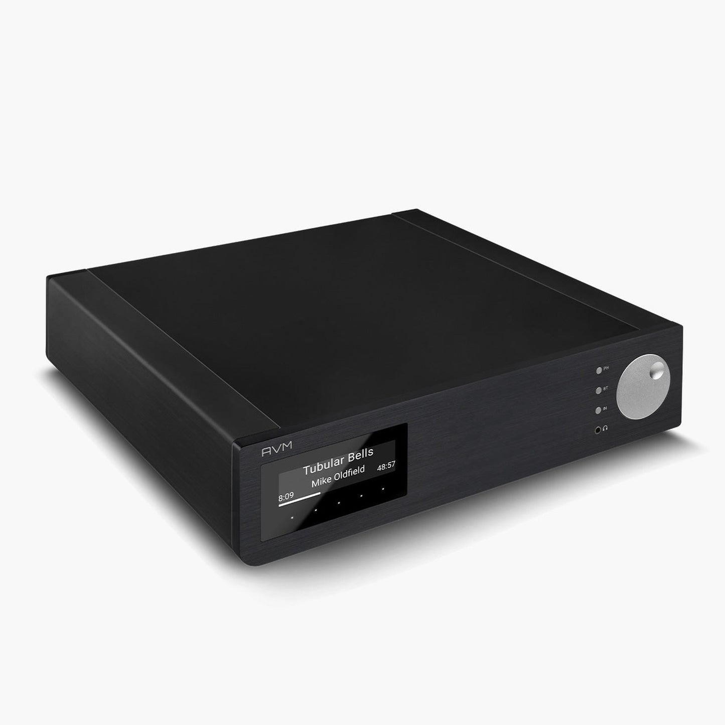 AVM Inspiration AS 2.3 Streaming-Vollverstärker Schwarz Draufsicht von links mit Aluminium-Deckplatte