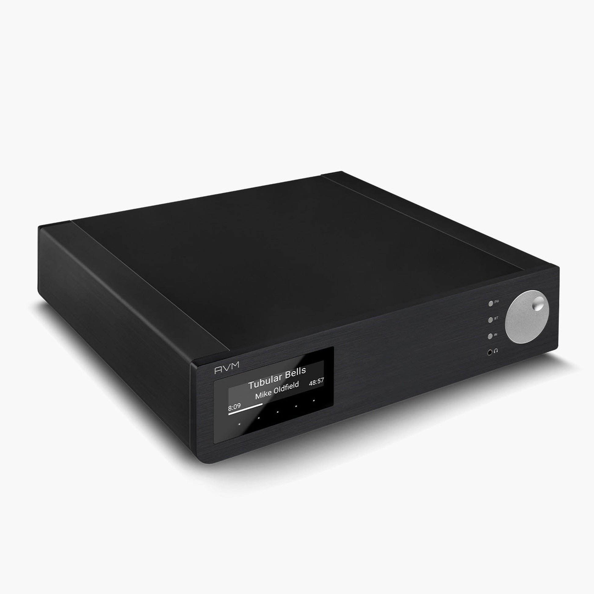 AVM Inspiration AS 2.3 Streaming-Vollverstärker Schwarz Draufsicht von links mit Aluminium-Deckplatte