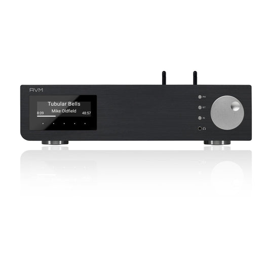 AVM Inspiration AS 2.3 Streaming-Vollverstärker Schwarz Frontansicht mit OLED-Display und Lautstärkeregler