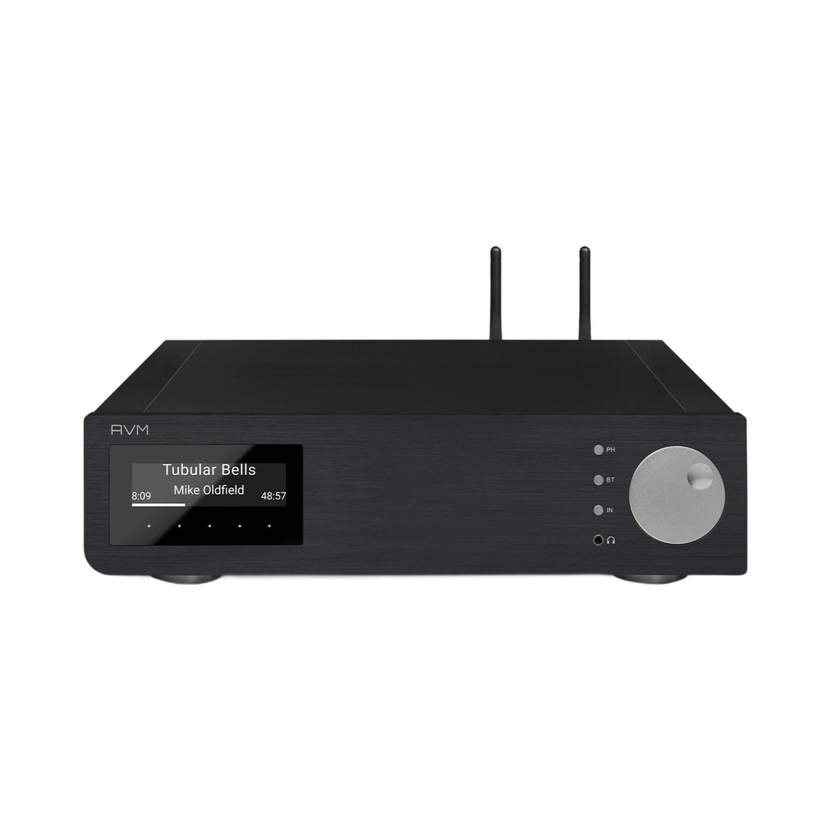 AVM Inspiration AS 2.3 Streaming-Vollverstärker Schwarz Schrägansicht mit ausgeklappten WLAN-Antennen