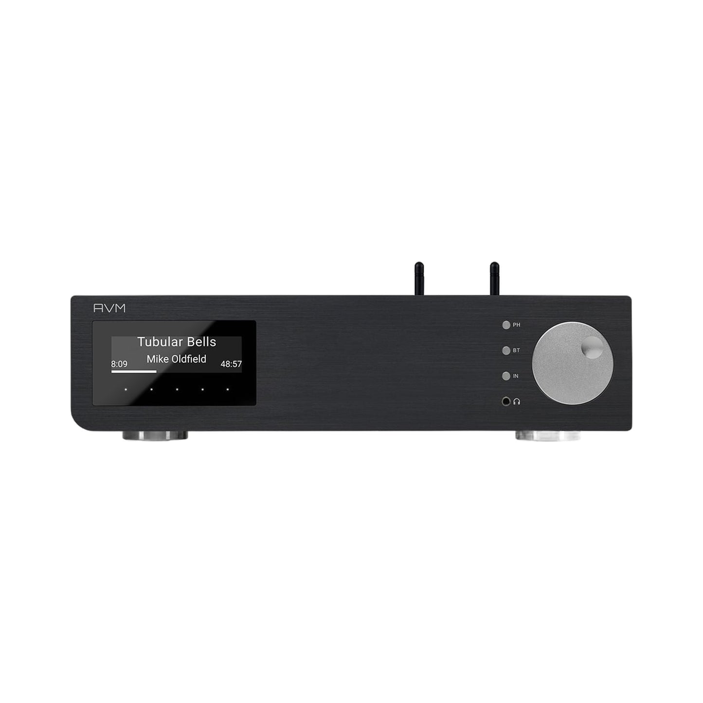 AVM Inspiration AS 2.3 Streaming-Vollverstärker Schwarz Frontansicht mit Display und Lautstärkeregler