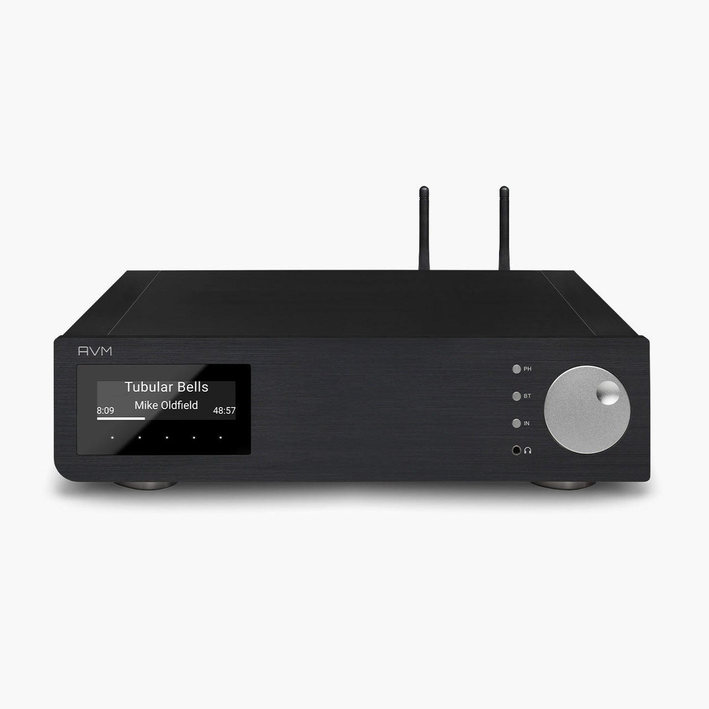 AVM Inspiration AS 2.3 Streaming-Vollverstärker Schwarz Schrägansicht von vorn mit WLAN-Antennen