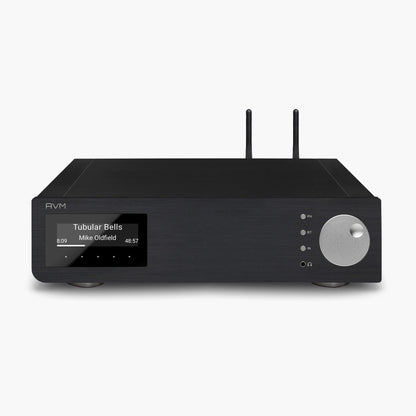 AVM Inspiration AS 2.3 Streaming-Vollverstärker Schwarz Schrägansicht von vorn mit WLAN-Antennen