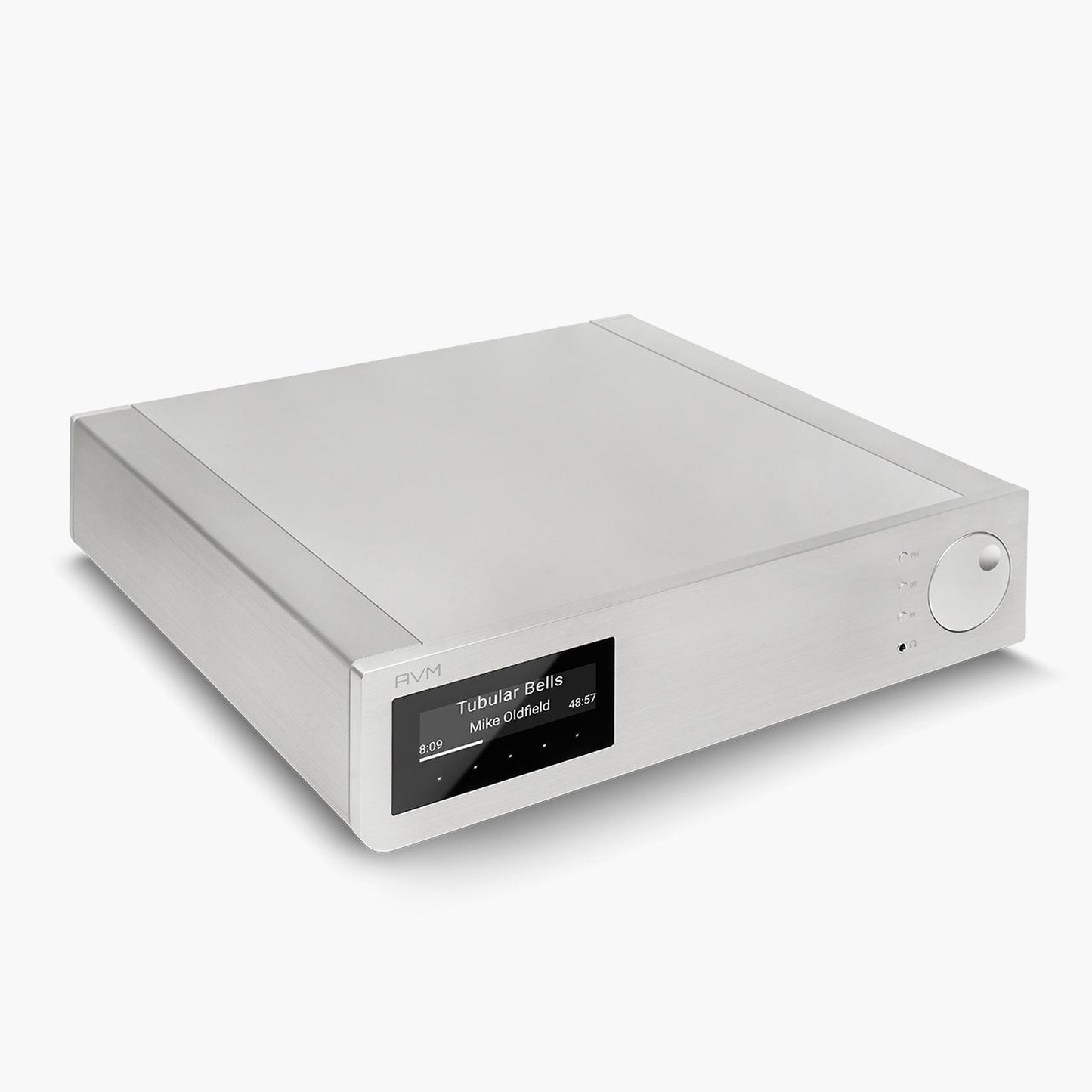 AVM Inspiration AS 2.3 Streaming-Vollverstärker Silber Draufsicht von links mit Aluminium-Deckplatte