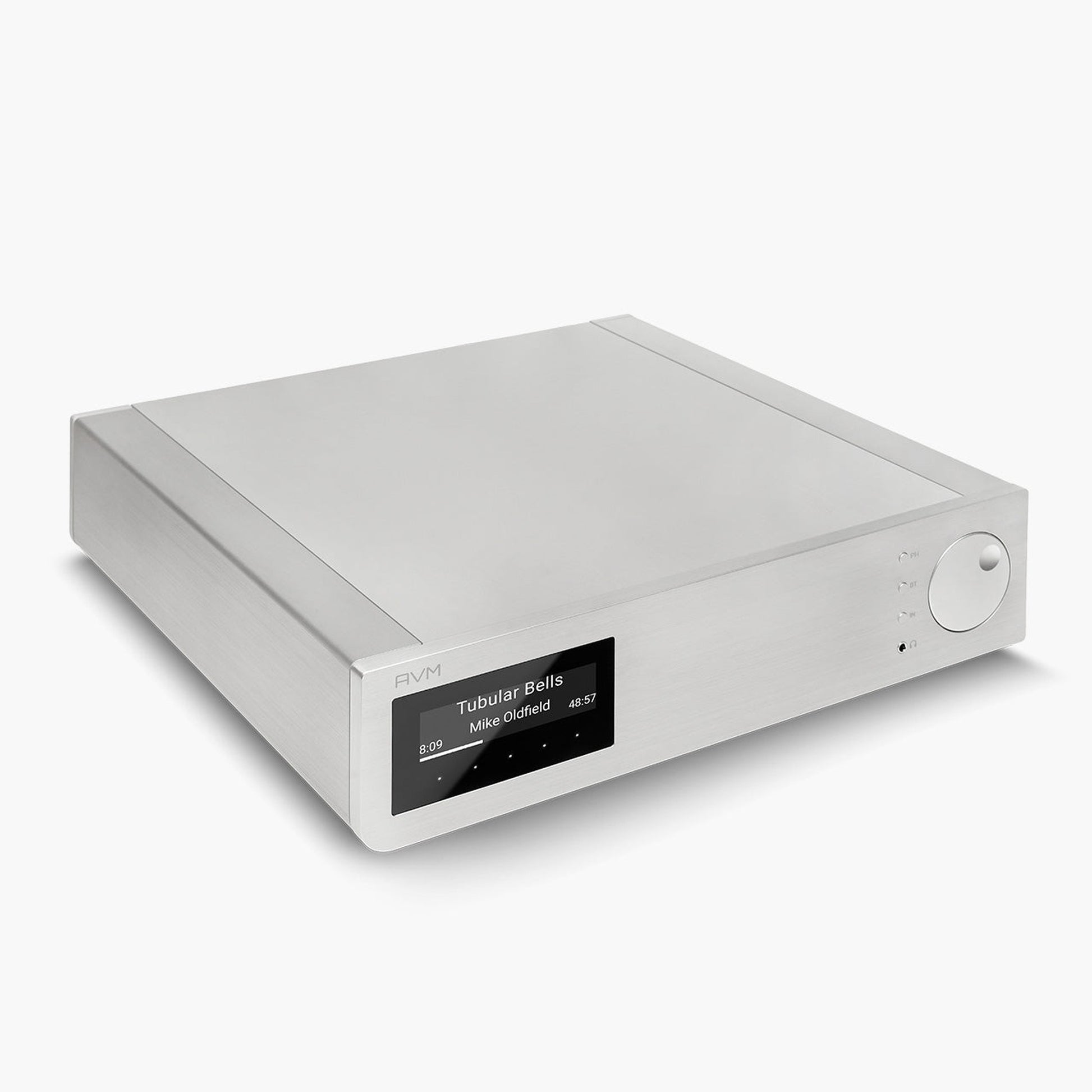 AVM Inspiration AS 2.3 Streaming-Vollverstärker Silber Draufsicht von links mit Aluminium-Deckplatte