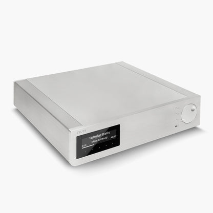 AVM Inspiration AS 2.3 Streaming-Vollverstärker Silber Draufsicht von links mit Aluminium-Deckplatte