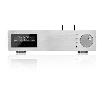 AVM Inspiration AS 2.3 Streaming-Vollverstärker Silber Frontansicht mit Spiegelung und ausgefahrenen Antennen