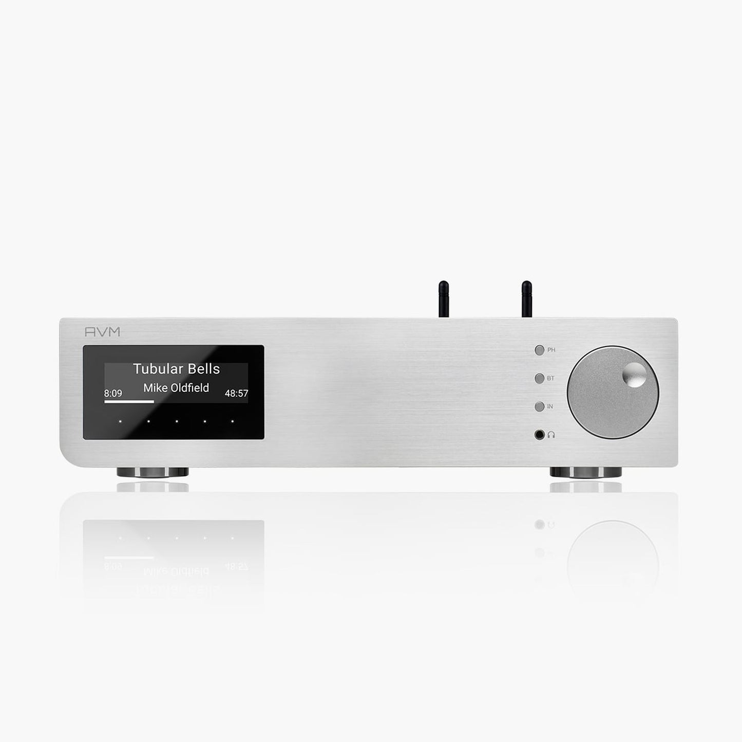 AVM Inspiration AS 2.3 Streaming-Vollverstärker Silber Frontansicht mit OLED-Display und Kopfhörerausgang