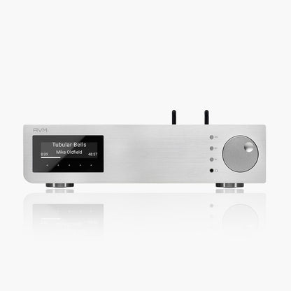 AVM Inspiration AS 2.3 Streaming-Vollverstärker Silber Frontansicht mit OLED-Display und Kopfhörerausgang