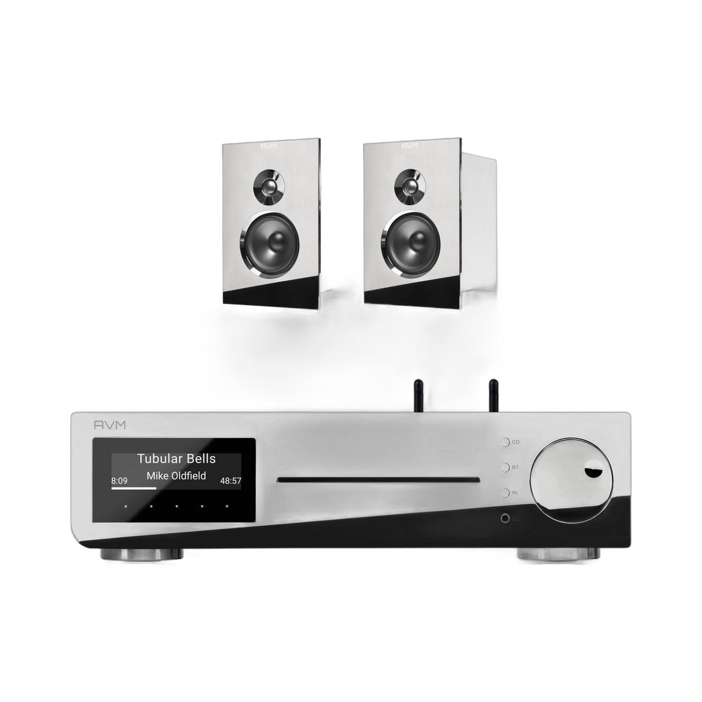 AVM Inspiration CS 2.3 Streaming-Vollverstärker mit CD und Audition CB 2.3 Regallautsprechern Cellini Chrom Setansicht
