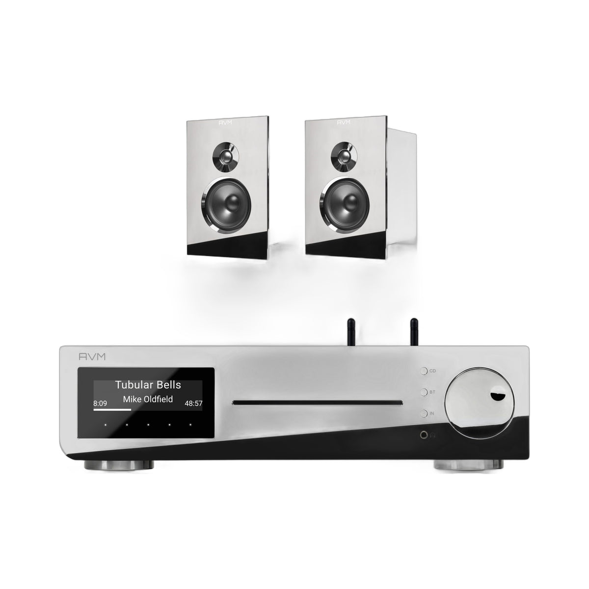 AVM Inspiration CS 2.3 Streaming-Vollverstärker mit CD und Audition CB 2.3 Regallautsprechern Cellini Chrom Setansicht