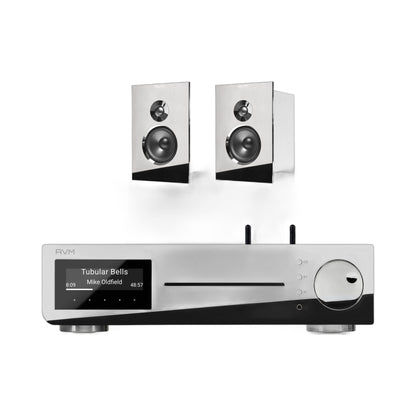 AVM Inspiration CS 2.3 Streaming-Vollverstärker mit CD und Audition CB 2.3 Regallautsprechern Cellini Chrom Setansicht