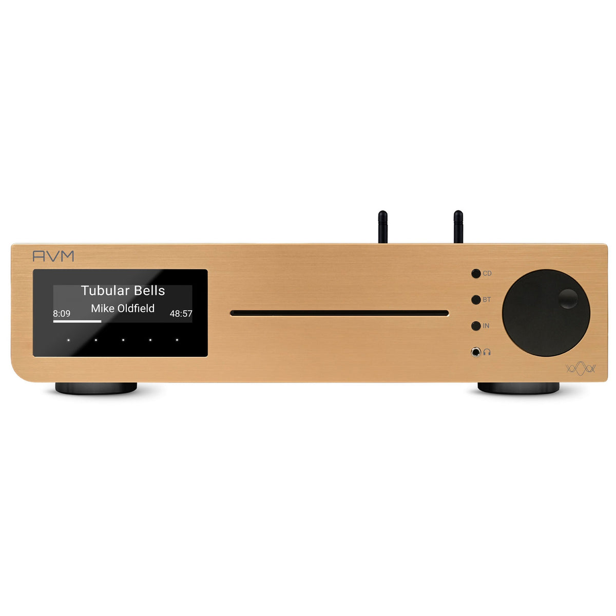 AVM Inspiration CS 2.3 Streaming-Vollverstärker mit CD Bronze Edition, Frontansicht mit CD-Schlitz und Display