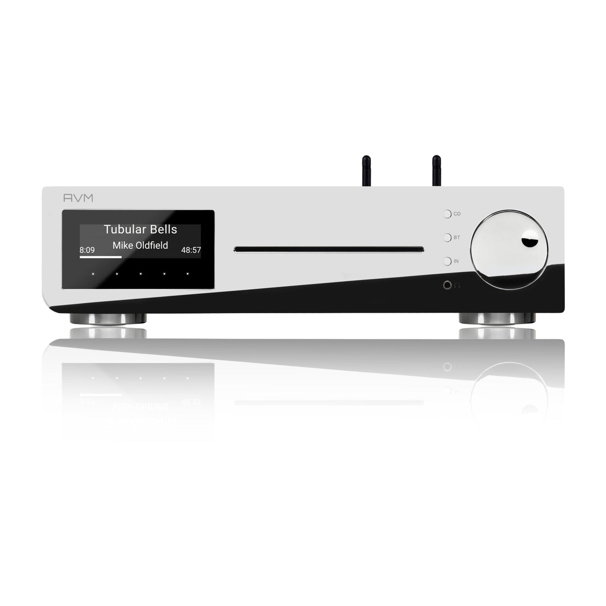 AVM Inspiration CS 2.3 Streaming-Vollverstärker mit CD Cellini Chrom Frontansicht, verchromte Front mit OLED-Display