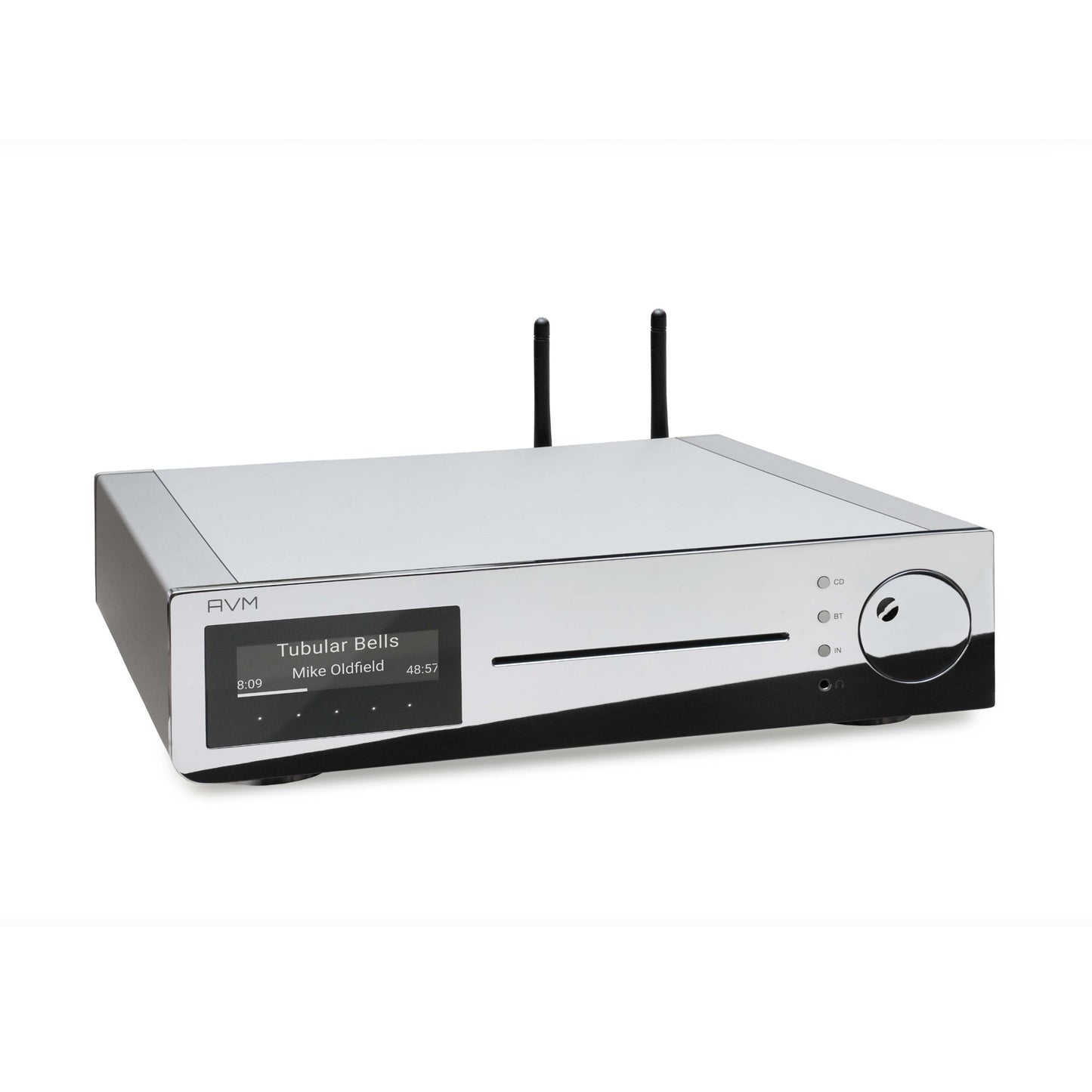 AVM Inspiration CS 2.3 Streaming-Vollverstärker mit CD Cellini Chrom Schrägansicht von vorne oben mit CD-Laufwerk