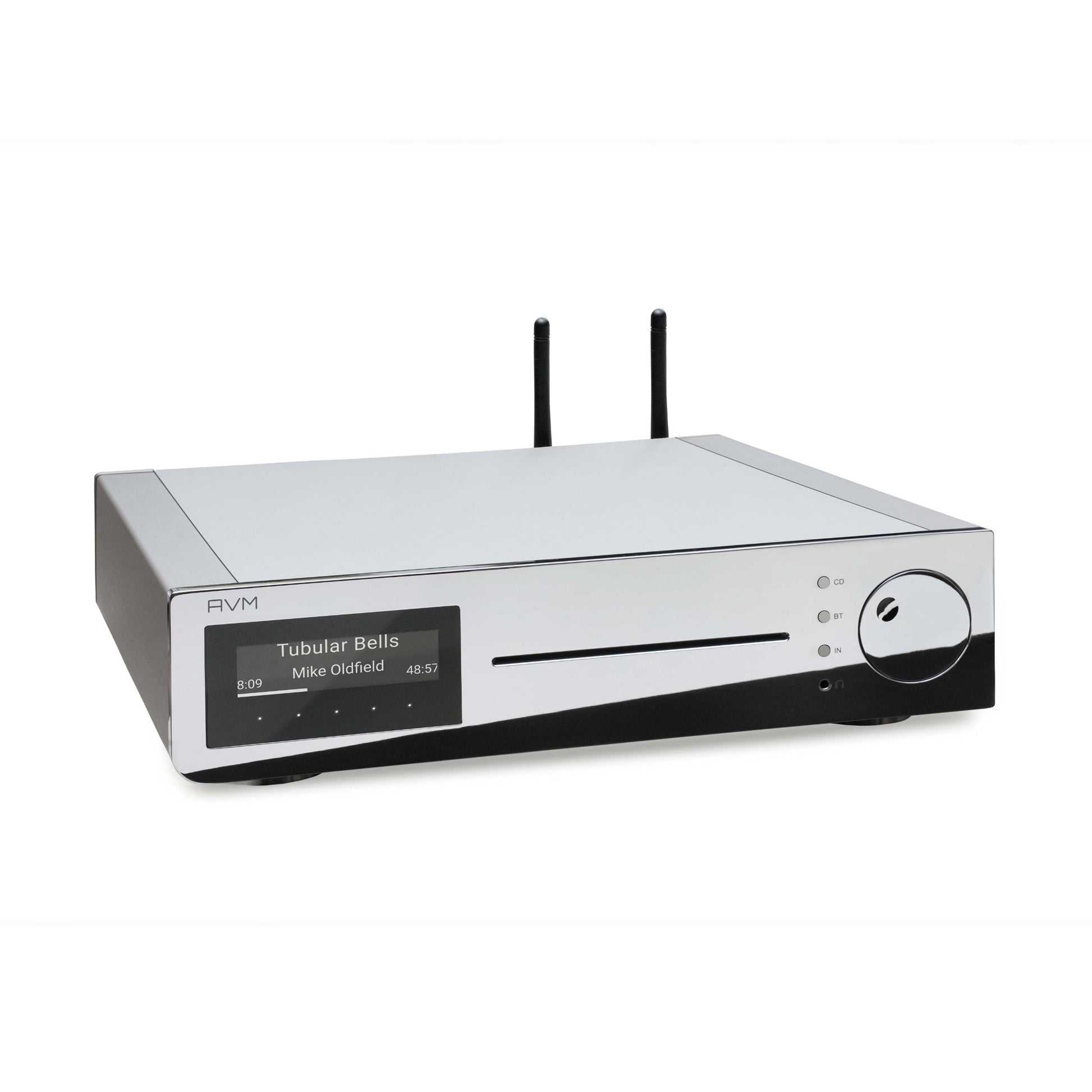 AVM Inspiration CS 2.3 Streaming-Vollverstärker mit CD Cellini Chrom Schrägansicht von vorne oben mit CD-Laufwerk