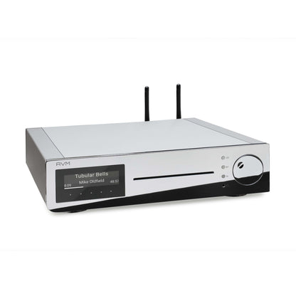 AVM Inspiration CS 2.3 Streaming-Vollverstärker mit CD Cellini Chrom Schrägansicht von vorne oben mit CD-Laufwerk