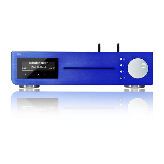 AVM Inspiration CS 2.3 Streaming-Vollverstärker mit CD LaBleu Frontansicht, blau eloxierte Aluminiumfront mit OLED-Display