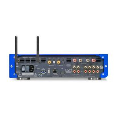 AVM Inspiration CS 2.3 Streaming-Vollverstärker mit CD LaBleu Rückansicht mit Anschlussfeld und WLAN-Antennen