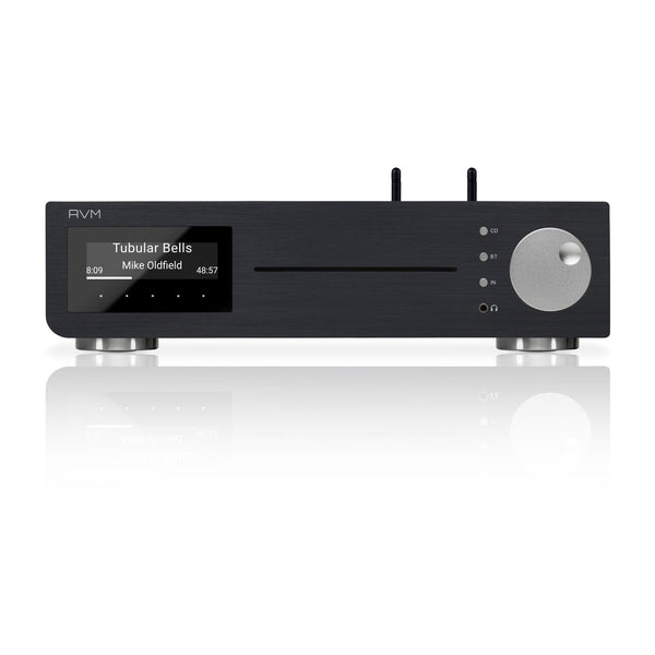 AVM Inspiration CS 2.3 Streaming-Vollverstärker mit CD Schwarz Frontansicht, schwarze Aluminiumfront mit OLED-Display
