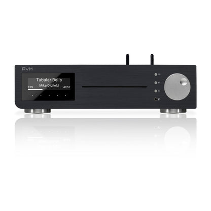 AVM Inspiration CS 2.3 Streaming-Vollverstärker mit CD Schwarz Frontansicht, schwarze Aluminiumfront mit OLED-Display