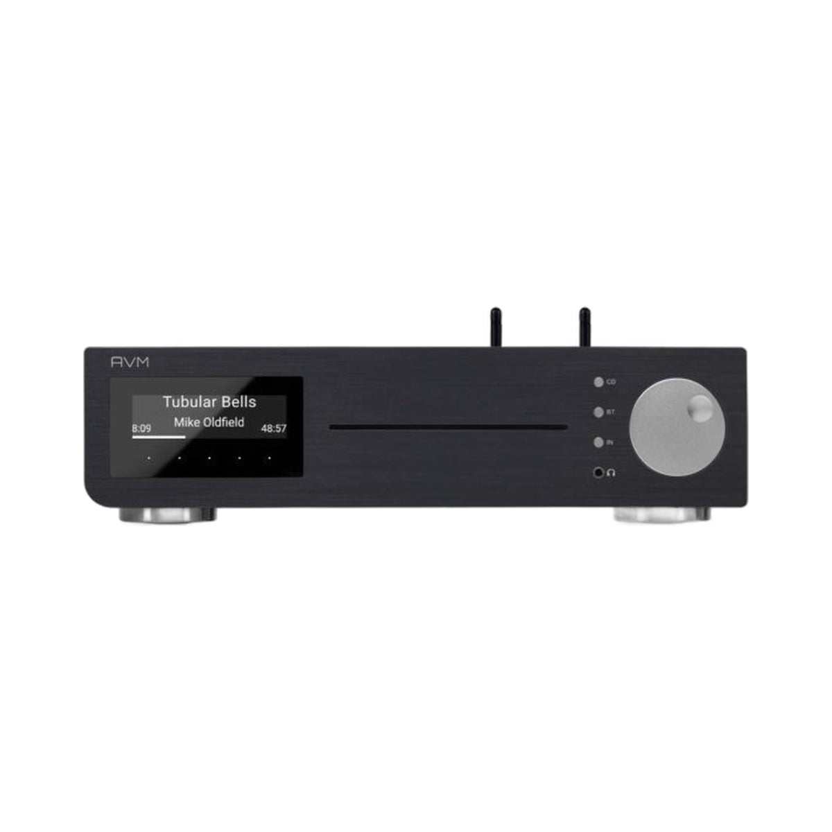 AVM Inspiration CS 2.3 Streaming-Vollverstärker mit CD Schwarz Frontansicht mit CD-Schacht und Display