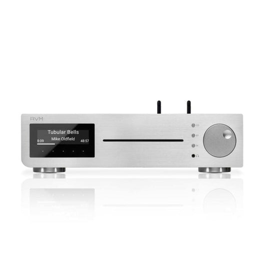 AVM Inspiration CS 2.3 Streaming-Vollverstärker mit CD Silber Frontansicht, gebürstete Aluminiumfront mit Display