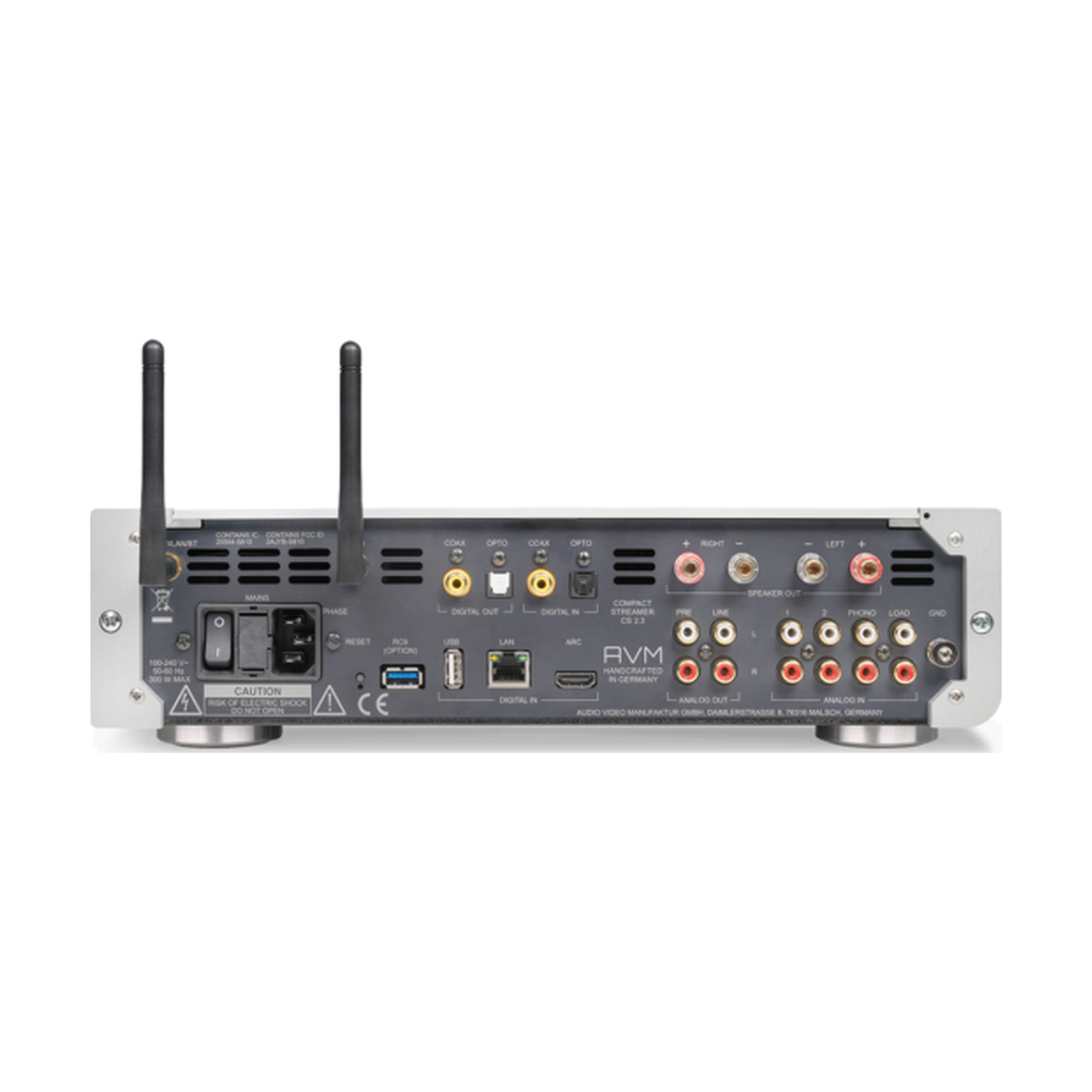 AVM Inspiration CS 2.3 Streaming-Vollverstärker mit CD Silber Rückansicht mit Anschlussfeld und WLAN-Antennen
