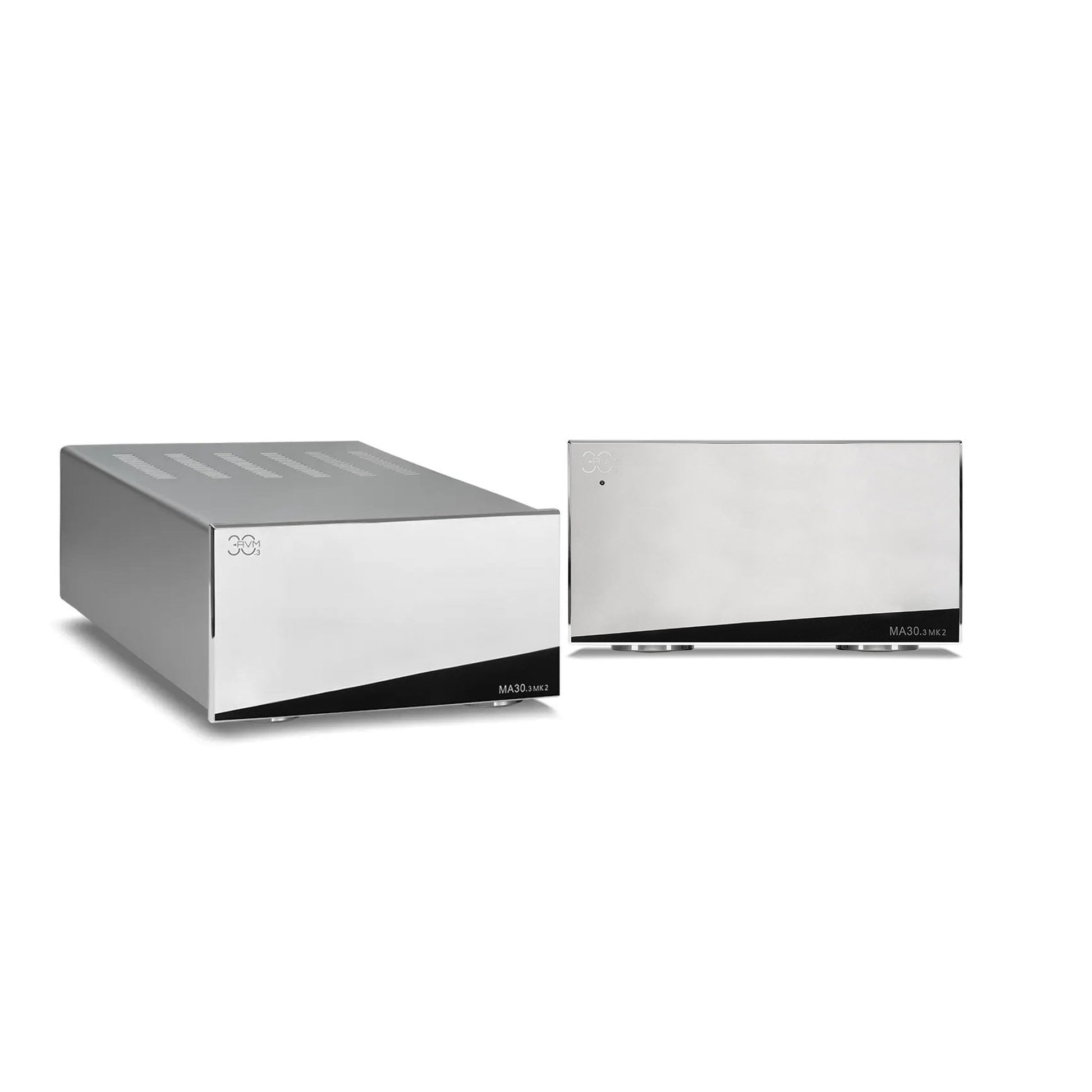 AVM MA 30.3 MK2 Mono-Endstufe Cellini Chrom Setansicht mit Schräg- und Frontansicht zweier Monoblöcke