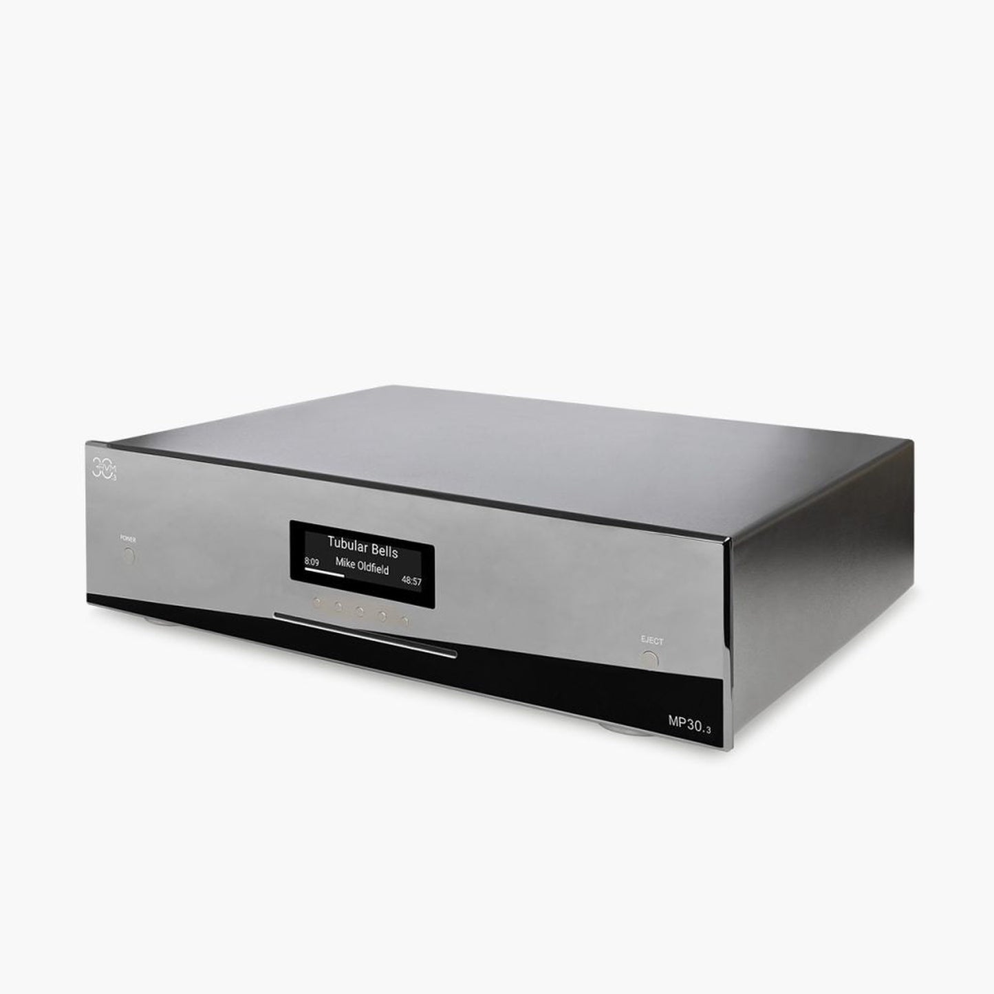 AVM MP 30.3 Streaming-Vorverstärker Cellini Chrom Schrägansicht von rechts mit Display