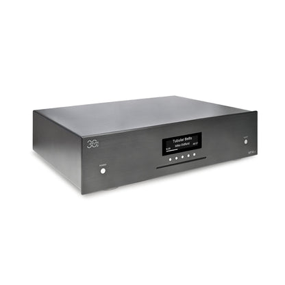 AVM MP 30.3 Streaming-Vorverstärker Schwarz Schrägansicht von links mit Display und CD-Schlitz