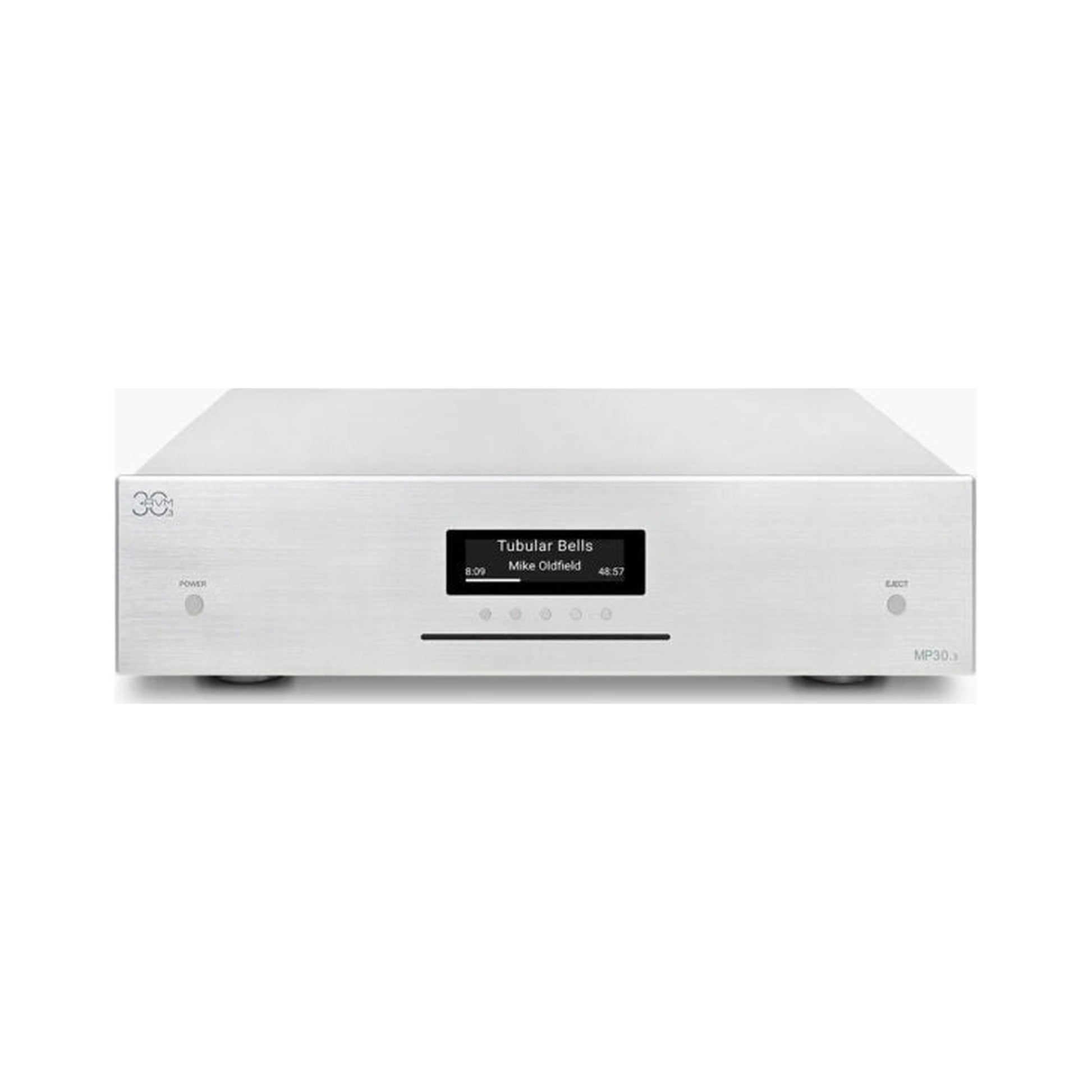 AVM MP 30.3 Streaming-Vorverstärker Silber Frontansicht mit OLED-Display und CD-Schlitz