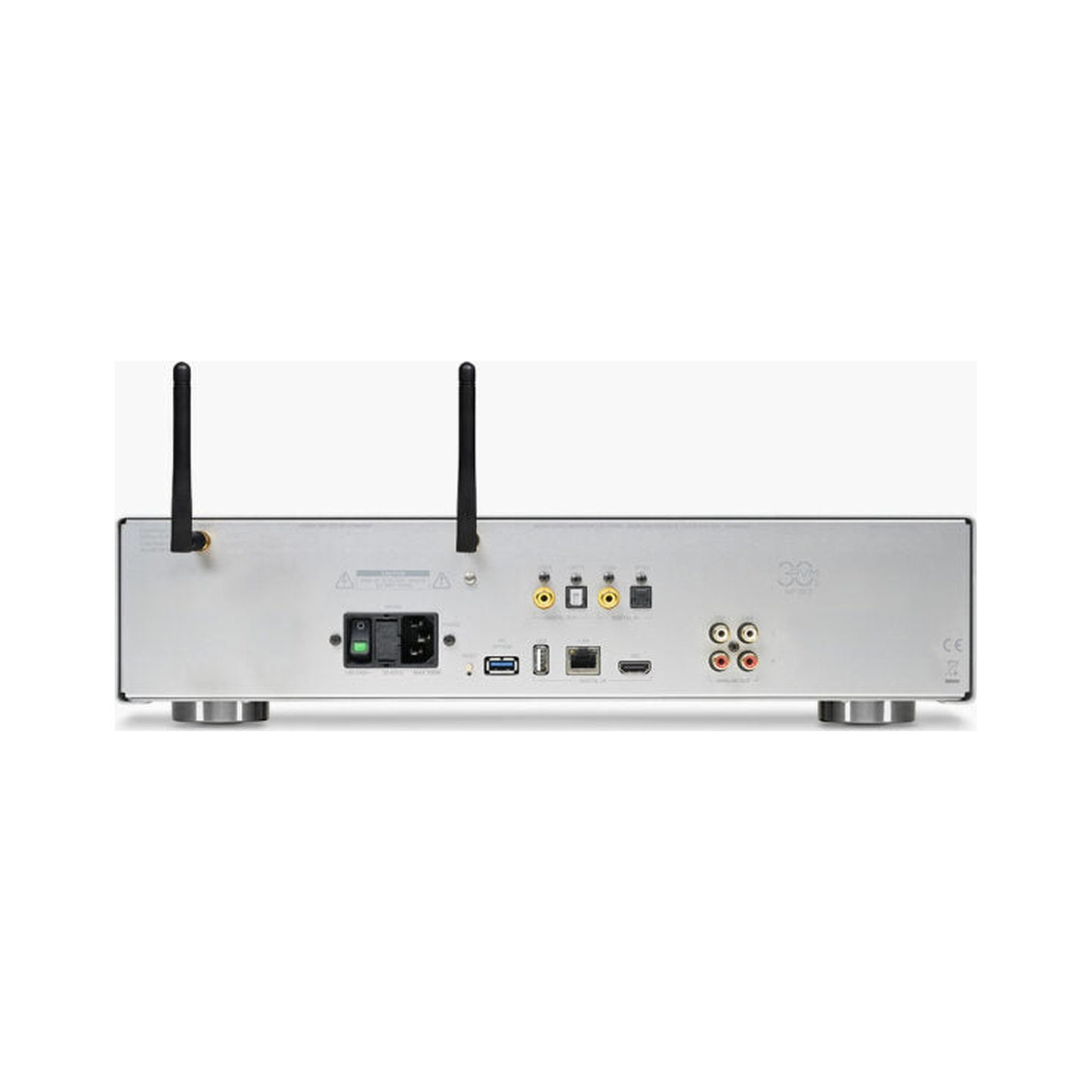 AVM MP 30.3 Streaming-Vorverstärker Silber Rückansicht mit Antennen und Anschlussfeld
