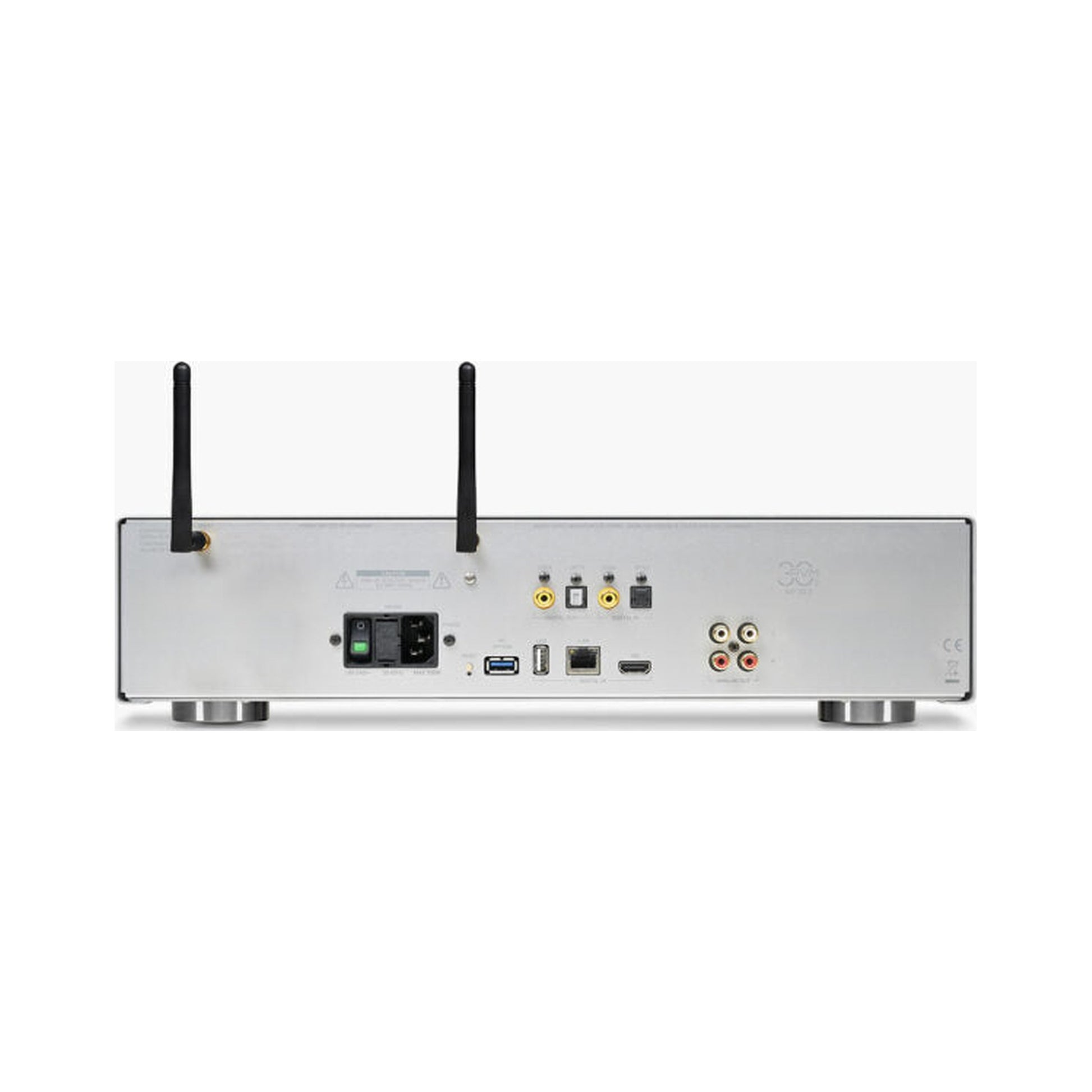 AVM MP 30.3 Streaming-Vorverstärker Silber Rückansicht mit Antennen und Anschlussfeld