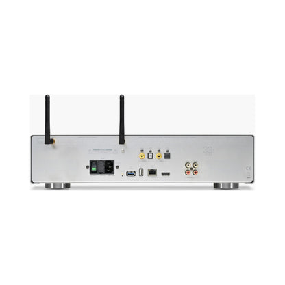 AVM MP 30.3 Streaming-Vorverstärker Silber Rückansicht mit Antennen und Anschlussfeld
