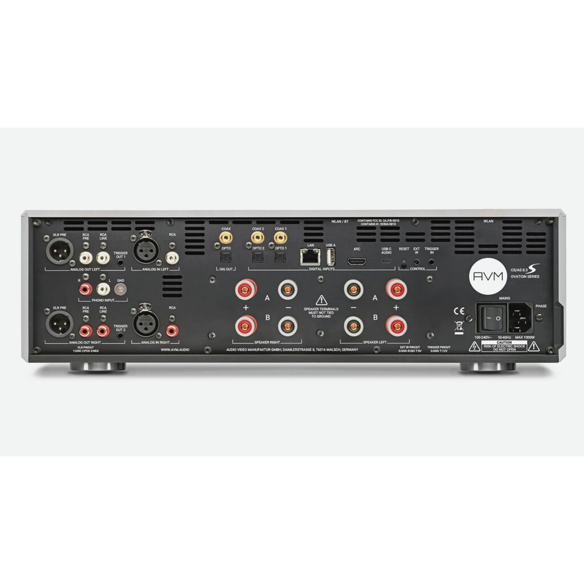 AVM Ovation AS 8.3S Streaming-Vollverstärker Schwarz Rückansicht mit Anschlussfeld, Lautsprecherterminals und Netzanschluss