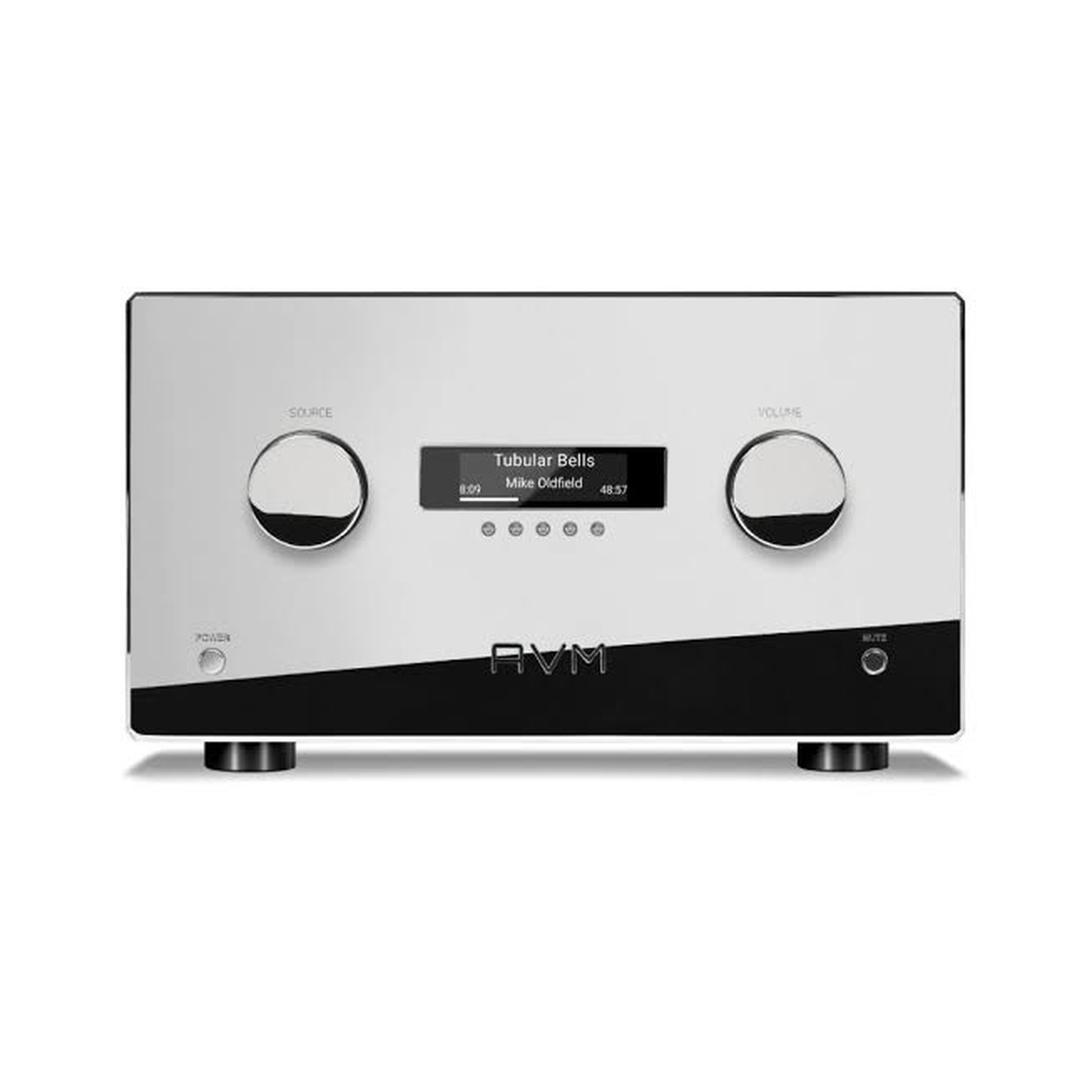 AVM Ovation AS XL Streaming-Vollverstärker Cellini Chrom Frontansicht mit Display und Eingangs-/Lautstärkeregler