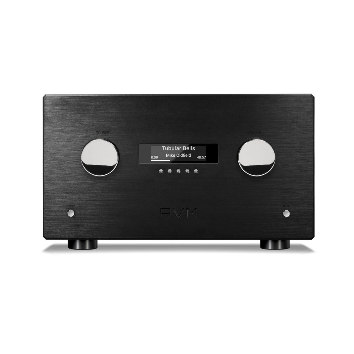 AVM Ovation AS XL Streaming-Vollverstärker Schwarz Frontansicht mit Display und Eingangs-/Lautstärkeregler