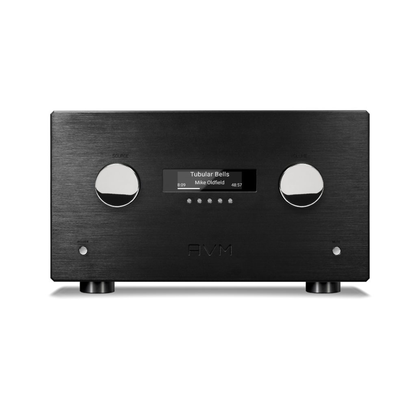 AVM Ovation AS XL Streaming-Vollverstärker Schwarz Frontansicht mit Display und Eingangs-/Lautstärkeregler