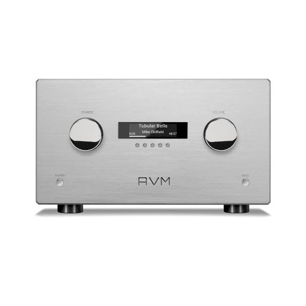 AVM Ovation AS XL Streaming-Vollverstärker Silber Frontansicht mit Display und Eingangs-/Lautstärkeregler