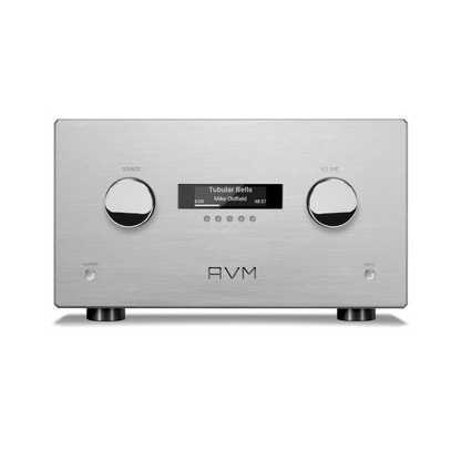 AVM Ovation AS XL Streaming-Vollverstärker Silber Frontansicht mit Display und Eingangs-/Lautstärkeregler