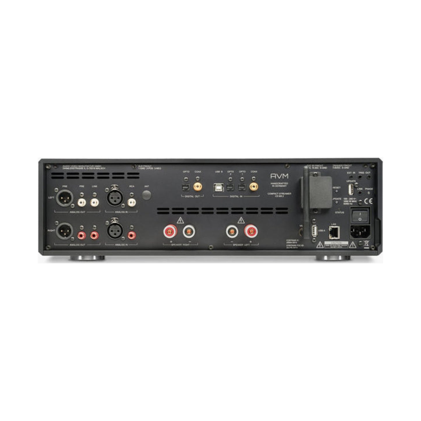 AVM Ovation CS 8.3 S Streaming-CD-Receiver Cellini Chrom Rückansicht mit Anschlussfeld und Lautsprecherklemmen
