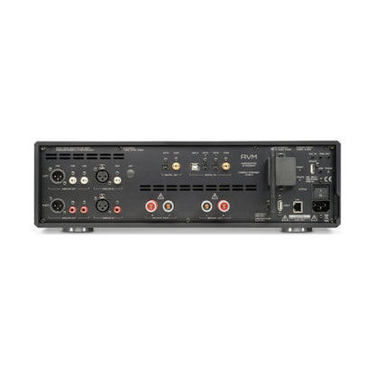 AVM Ovation CS 8.3 S Streaming-CD-Receiver Cellini Chrom Rückansicht mit Anschlussfeld und Lautsprecherklemmen