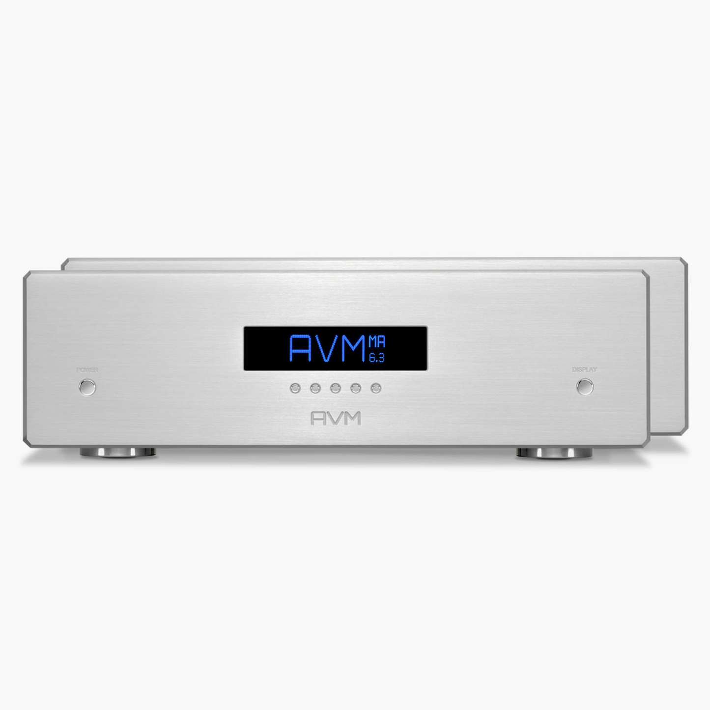 AVM Ovation MA 6.3 Mono-Endstufe Silber Paaransicht, zwei Monoblöcke mit blauem Display