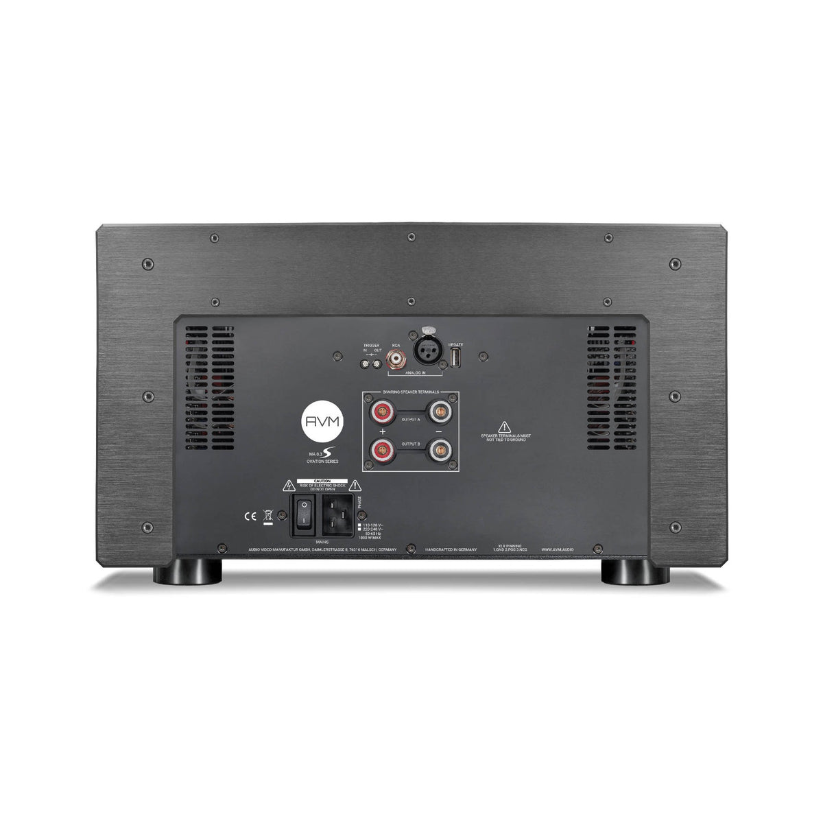 AVM Ovation MA 8.3S Mono-Endstufen Paar Schwarz, Rückansicht mit Anschlüssen