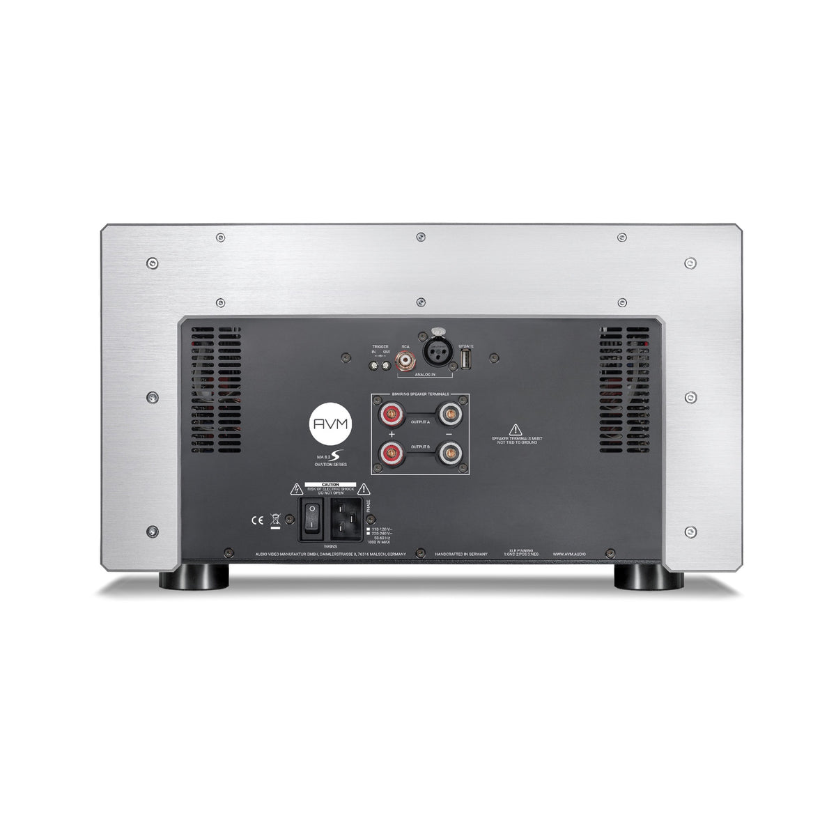 AVM Ovation MA 8.3S Mono-Endstufen Paar Silber, Rückansicht mit Anschlüssen