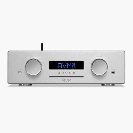 AVM Ovation MP 8.3 Streaming-Vorverstärker Silber Frontansicht mit Display, Quellenwahl und Lautstärkeregler