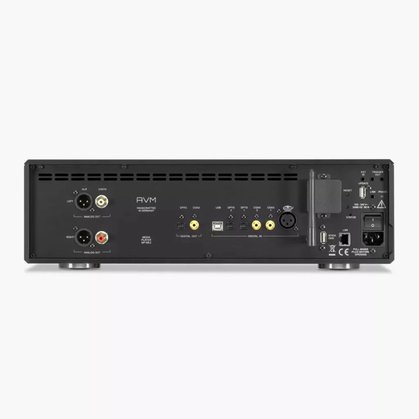 AVM Ovation MP 8.3 Streaming-Vorverstärker Silber Rückansicht mit XLR-, Cinch-, USB- und Toslink-Anschlüssen