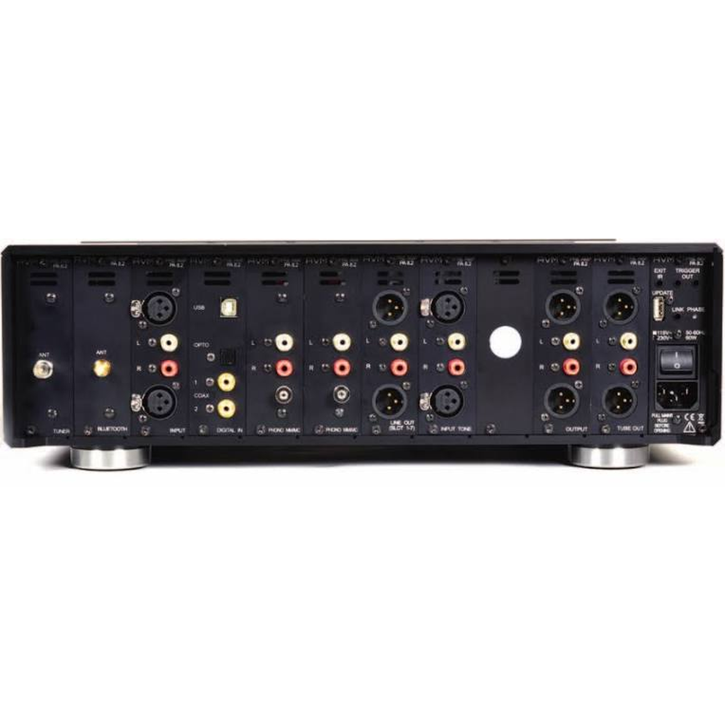 AVM Ovation PA 8.3 Vorverstärker Schwarz Anschlussfeld mit Modulsteckplätzen, XLR- und Cinch-Buchsen